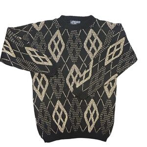 VTG 80 retro black gold metallic shiny granny chic crewneck sweater rockabilly L